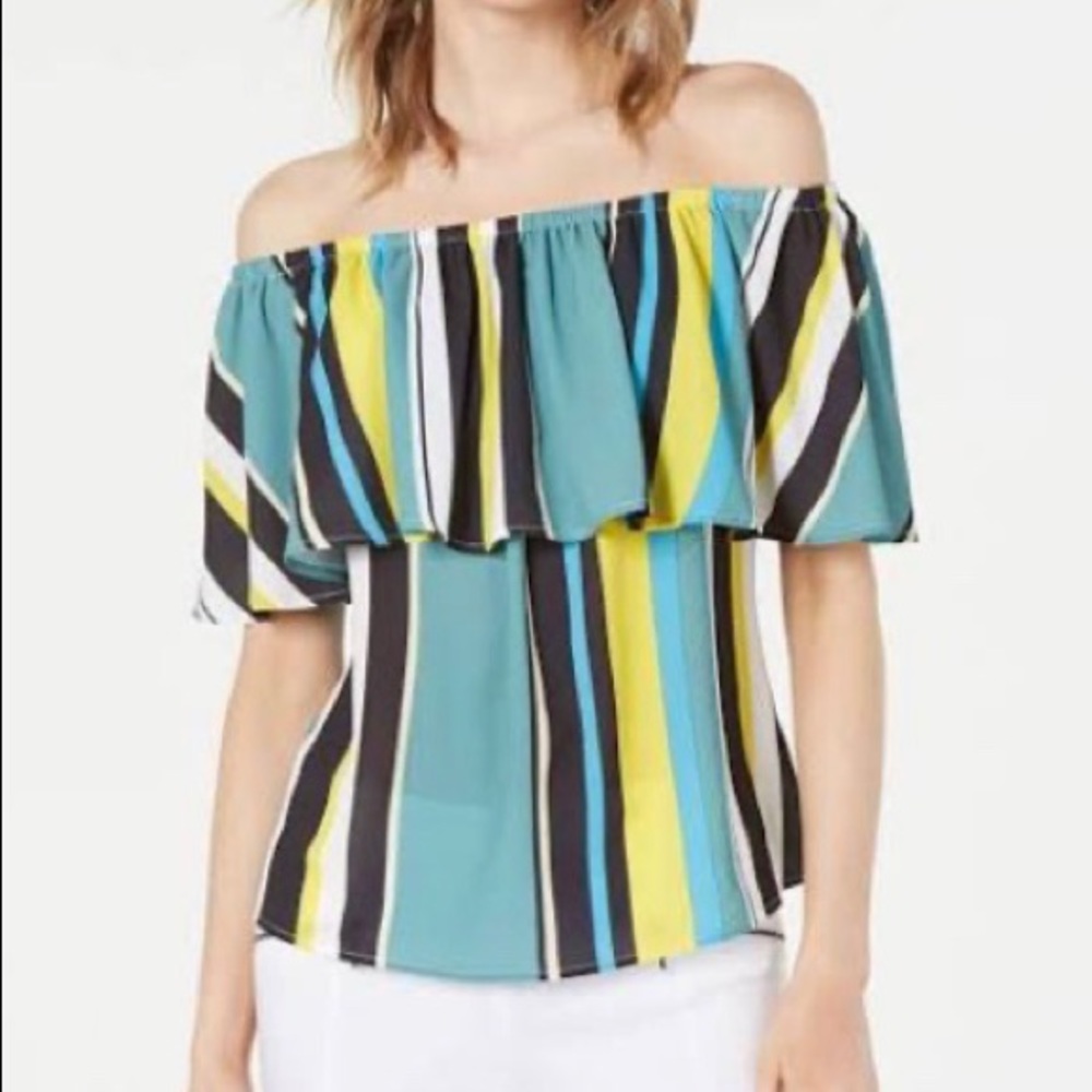 NWT! Bar III Women’s Striped Ruffle Off the Shoulder Top, Size Small